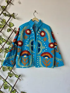 Luxury Sky Blue <b>Velvet</b> Suzani Embroidered <b>Jacket</b> With Floral Pattern Full Sleeve Stand Collar Bohemian <b>Women's</b> Warm wear - Product Image 2