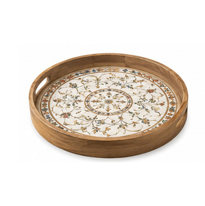 Plateau de rangement en bois de style marocain moderne et luxueux, gravure florale, finition laquée, compatible lave-vaisselle, utilisation sur table, à un seul niveau, pour boissons - Product Image 2