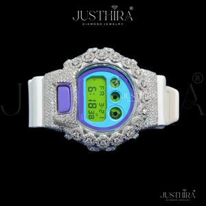 Reloj digital único de estilo hip hop con bisel plateado, correa blanca, esfera colorida y piedras brillantes. Reloj de pulsera unisex. - Product Image 2