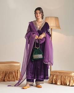 Designer Zari Embroidery Work <b>Velvet</b> <b>Top</b> With Bottom And Dupatta Fully Stitched Ready To Wear Set - Product Image 2