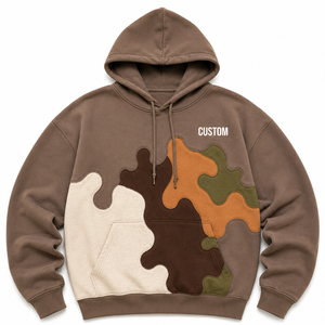 เสื้อฮู้ดดี้ผ้าฝ้าย 100% สีน้ำตาลเข้มแบบอุ่นสบาย ตัดเย็บแบบแพทช์เวิร์คโทนสีเอิร์ธโทน  ทรงโอเวอร์ไซส์ หนานุ่ม  ตกแต่งด้วยผ้าปะติดลายพิเศษ - Product Image 3