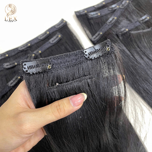 Lexhair Clip-In Human Hair Extensions Vietnamese Remy Double Weft Machine Made Black Long Straight Hair with Clips 100g - Product Image 1