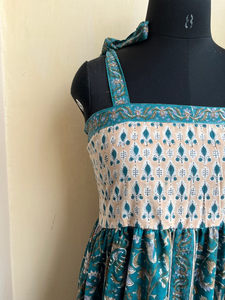 Hand Block Printed Indian Cotton Dress 100% Cotton Long Gown with Floral Embroidered Neckline Square Collar <b>Tunics</b> Dress - Product Image 6