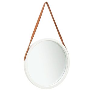 Grand miroir mural blanc avec cadre en bois de Paulownia et simili cuir marron - Accessoire décoratif haut de gamme - Product Image 1