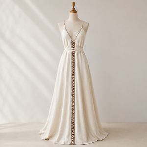 Robe longue en coton tissé à taille naturelle |   Robe d'été décontractée légère pour femme, style bohème, sans manches, col en V, coupe trapèze, idéale pour la plage et les festivals - Product Image 1