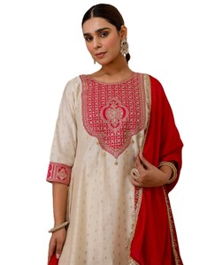 Ivory & Crimson Chanderi Silk Embroidered Kurta Set with Dupatta Traditional Indian Pakistani Salwar Kameez Suit <b>Ankle</b> length - Product Image 3