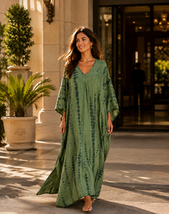 Green Tie Dye Cotton Eco-Friendly Bohemian <b>Kaftan</b> Dress V Neck Modern Fit Party Resort Wear Women <b>Summer</b> Kimono Floor-Length - Product Image 2