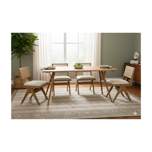 ARTERRA Luxury Modern Teak Wooden <b>Dining</b> Table and Rattan Webbing <b>Chair</b> Set with Cushion for Home - Product Image 4