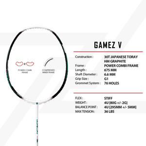 Raquette de badminton PROTECH GAMEZ V (4UG1) (Max 36LBS) Senior Amateur Hard PU Grip 30T Japanese Toray HM Graphite - Product Image 1