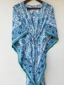 Nuevo y Elegante Kaftán con Estampado Animal, Cuello en V, Cordón Ajustable, Manga Corta, Corte Evase, de Algodón Suave Indio, con Encaje, Largo Completo, para Playa - Product Image 5