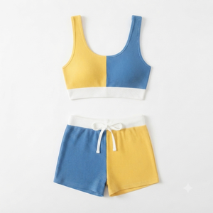 Ensemble de sport côtelé color block pour femme : soutien-gorge à dos nageur et short, col rond, maintien moyen, respirant, pour le fitness - Product Image 5