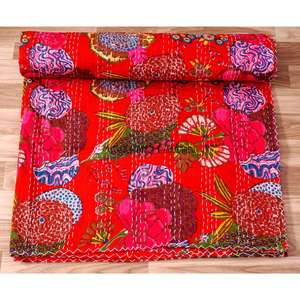 Nueva llegada: Colcha Kantha 100% algodón orgánico, hecha a mano, estampada, reversible, vintage, ecológica, para todas las estaciones, tamaño doble. - Product Image 4