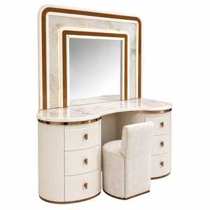 Modern LED Bedroom <b>Makeup</b> <b>Vanity</b> Table with Illuminated <b>Mirror</b> Marble Finish Upholstered Stool Storage Drawers - Product Image 1