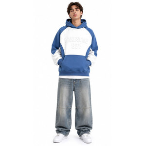 Sweat-shirt à capuche décontracté pour homme, bleu et blanc, à blocs de couleur, manches raglan, motif gaufré, coupe oversize, pour l'automne - Product Image 3