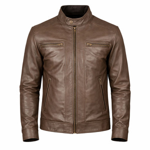 Men Brown Genuine Leather <b>Biker</b> <b>Jacket</b> Slim Fit Asymmetrical Zip Motorcycle Style Turn-down Collar Regular Sleeve Waterproof - Product Image 1