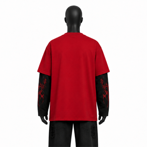 Camiseta de Manga Larga con Estampado de Calavera Gótica, Estilo Falso de Dos Piezas, para Hombre, Streetwear, Oversize, Grunge, Y2K, Hip Hop, Harajuku, Punk, Color Rojo Oscuro - Product Image 3