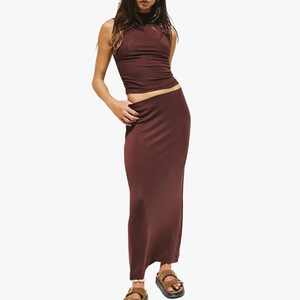 Women 2 Piece Set Sleeveless Halter Top Full Length <b>Skirt</b> Solid Color Spandex Polyester Summer Normcore Minimalist Maxi <b>Skirts</b> - Product Image 1