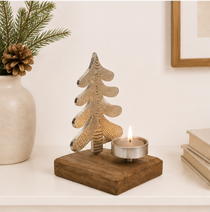 Handmade Christmas Tree Metal <b>Tea</b> Light Candle Holder With Rustic Wooden Base Premium Silver Aluminum Xmas Table Centerpiece - Product Image 4