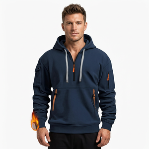 Sudadera con capucha azul marino para hombre, media cremallera, corte regular, algodón French Terry, diseño casual con bolsillos, para otoño, 320-580 GSM, ecológica, frontal - Product Image 1