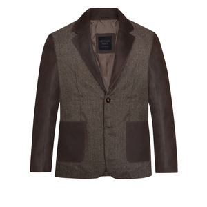 <b>Leather</b> Cult <b>Men's</b> Herringbone Wool <b>Blazer</b> With Brown <b>Leather</b> Sleeves And Pockets - Product Image 1