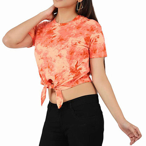 Women's Tie <b>Dye</b> Crew Neck Short Sleeve Crop Top Knotted Front Casual Jersey 100% Cotton Spring Summer - Product Image 4