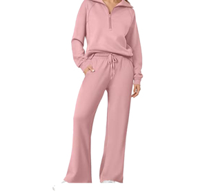 Ensemble pantalon décontracté rose pour femme, col en V, léger, design 2-en-1, manches longues, coupe ample, couleur unie, respirant, en Spandex, pour l'automne - Product Image 3
