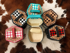 Hand Tooled Red & Black Checkered Leather Jewelry Box Cowhide Leather Jewelry Organizer Earrings and Necklaces Case for Women's - Product Image 5