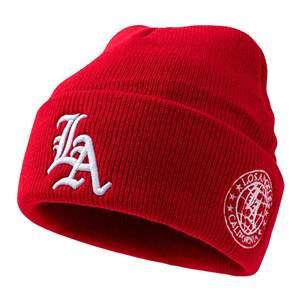 Gorros de punto elásticos personalizados OEM con diseño de calavera jacquard, tejido de algodón, ribete acanalado, logotipo personalizado y lazos de puntos. - Product Image 2