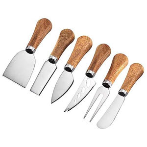 Ensemble de 3 couteaux à fromage haut de gamme en acier inoxydable et bois de teck, manche artisanal, mini trancheur, coupe-fromage, fourchette et outils à étaler le fromage - Product Image 4