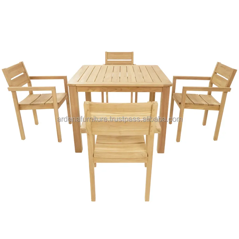 Restaurant Furniture Teak Wood Square Dining Table Set 4 Minimalist Chairs for Banquet Patio Villa Use