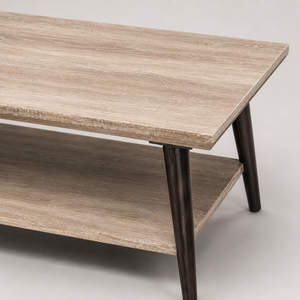 Mesa de centro rectangular moderna con estante de almacenamiento inferior, acabado en madera clara y patas cónicas oscuras para una decoración elegante de la sala de estar - Product Image 4