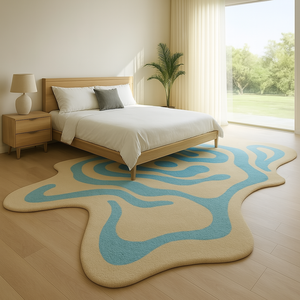 Tapis de luxe de qualité supérieure, forme irrégulière, blanc et bleu ciel, lignes en zigzag, pour la décoration de bureau - Product Image 3