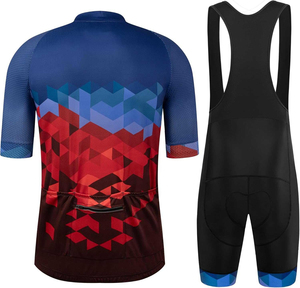 Ensemble de maillot de cyclisme pour homme, bleu et rouge, motif géométrique, manches courtes avec short à bretelles noir, vêtements de vélo performants - Product Image 2