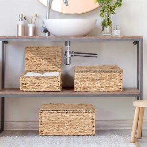 High Quality Eco-Friendly Rustic Water Hyacinth Set 3 Woven <b>Storage</b> <b>Baskets</b> Lid Customized Color Multi-Purpose Home Restaurant - Product Image 4