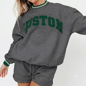 Sweat-shirt d'hiver surdimensionné personnalisé à col montant imprimé, respirant, pour femme, gris avec bordure verte, décontracté, tricoté, 100 % coton, complet - Product Image 1