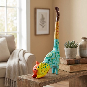 Statue de chat sauteur en bois d'albizia faite à la main, figurine d'animal à longue queue, artisanat en bois peint à la main multicolore, décoration pour la maison et le bureau - Product Image 2