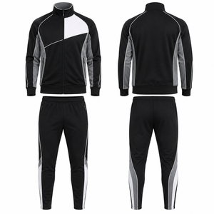 Ensemble de survêtement sportif pour homme, noir, gris et blanc, avec blocs de couleur, fermeture éclair intégrale, respirant, en polyester, pour l'automne, avec poches latérales - Product Image 1