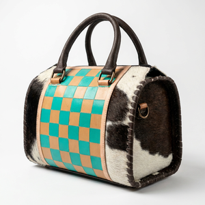 Luxury 100% Genuine <b>Leather</b> Mini Speedy Duffel Bag Weekender Sport Checkerboard Teal Brown Pattern Double Handle Zipper Closure - Product Image 3