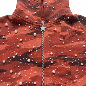 Custom Red Camo Breathable Polyester/Cotton 300g Heavyweight Zip Hoodie Pearl Embellished Streetwear Full-Zip Oversized Unisex - Product Image 6