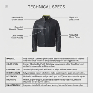Veste en cuir Techwear géométrique modulaire haut de gamme en cuir de veau pleine fleur imperméable avec néoprène collé, style Trucker, modèle européen - Product Image 5