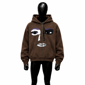 Sudadera con capucha y cremallera completa personalizada con arte facial marrón, estilo urbano oversize, gráfico, unisex, moda casual - Product Image 1