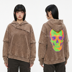 Sudadera con capucha y cremallera gris de 400GSM personalizada para mujer, estilo vintage desgastado con gráfico de terror, chaqueta oversize de streetwear - Product Image 2