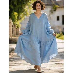 Robe longue décontractée élégante pour femme, couleur unie noire, style bohème, col en V profond, manches ballon, coupe ample - Product Image 2