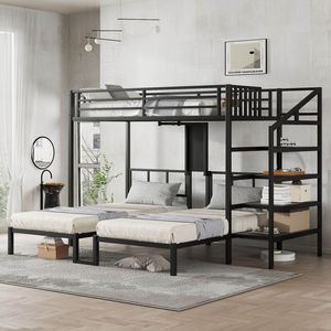 Letto a Castello Triplo in Metallo con Scrivania e Mensole Salvaspazio per 3 Persone, Dimensioni Twin XL - Product Image 3