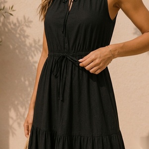 Robe midi sans manches coupe trapèze avec col noué et taille à cordon, tenue décontractée d'été - Product Image 6