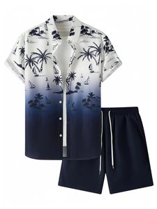 Ensemble assorti homme imprimé feuilles de palmier, chemise à manches courtes et short de plage, tenue décontractée estivale colorée, ensemble deux pièces homme assorti - Product Image 6