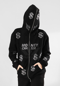 Sudadera con capucha y cremallera frontal para mujer, negra con estampado de purpurina y bloques de color, de ajuste regular, informal, de punto, de manga larga, para invierno. - Product Image 4