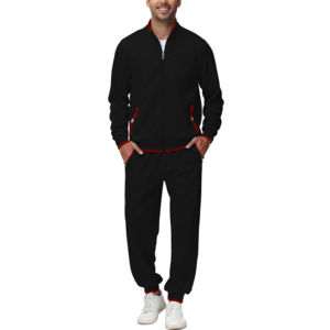 ชุดวอร์มผู้ชายสีดำแดง แต่งลาย ระบายอากาศได้ดี เป็นมิตรกับสิ่งแวดล้อม ผลิตจากโพลีเอสเตอร์ 100% เสื้อแจ็คเก็ตแบบซิปเต็มตัว กางเกงจ็อกเกอร์ทรงเข้ารูป สำหรับออกกำลังกาย - Product Image 6