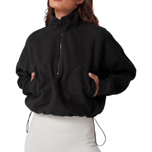 2026 Latest Women's <b>Black</b> Fleece Half-Zip Oversized Sweatshirt Stand Collar Drop-Shoulder Full <b>Sleeve</b> <b>Short</b> <b>Crop</b> Winter Wear ODM - Product Image 6