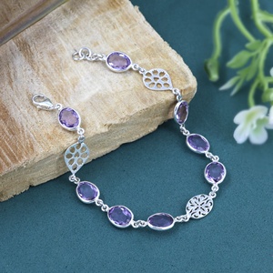 <b>Amethyst</b> Gemstone Designer 925 Sterling Silver Link <b>Bracelet</b> for Women Oval Cut Purple Crystal Floral Charm <b>Bracelet</b> - Product Image 5